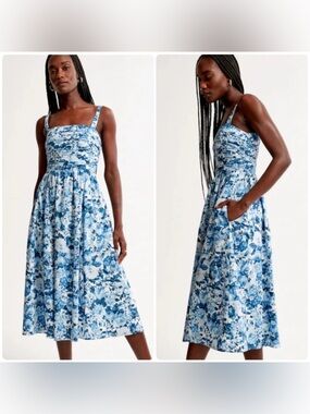 Like New: Abercrombie Emerson Poplin Blue Floral Midi Dress | Size XS